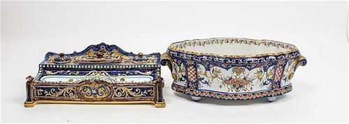 * A French Faience Ink Stand and a Similar Jardiniere Width of jardiniere 13 1/4 inches.