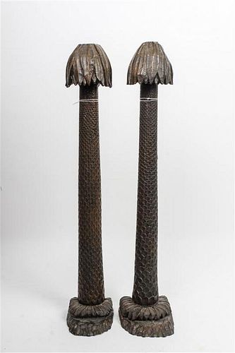 * A Pair of Carved Wood Models of Palm Trees Height of tallest 25 1/2 inches.