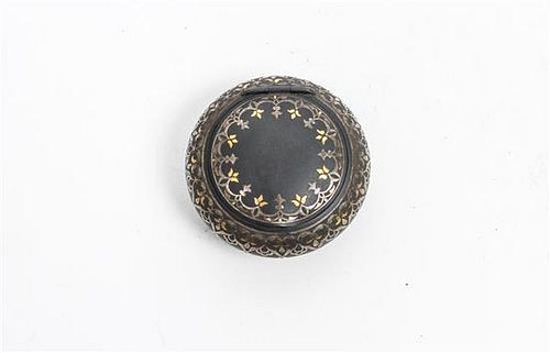 A Middle Eastern Mixed Metal Snuff Box, possibly Turkish, the flattened bun form box with inlaid silver and gilt-metal motifs