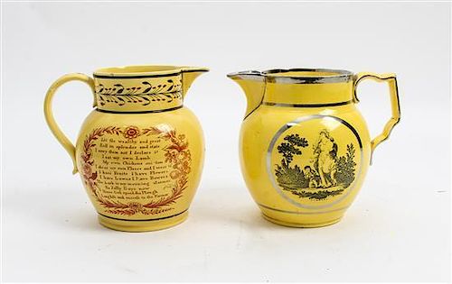 * A Pair of English Transfer Decorated Pitchers Height 5 3/4 inches.