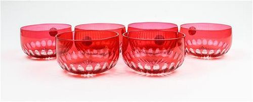 A Group of Six Cranberry Cut-to-Clear Glass Bowls Diameter of each 5 inches.
