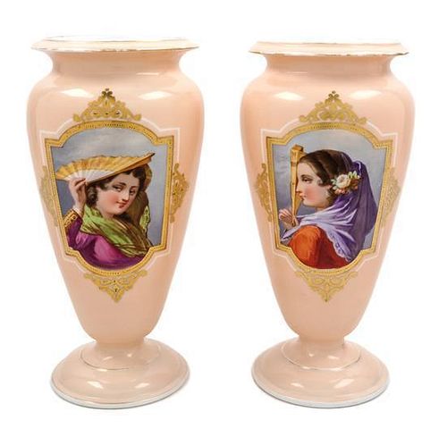 A Pair of Victorian Painted Glass Vases