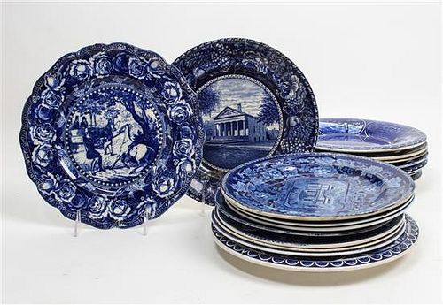 A Collection of English Transfer Decorated Plates Diameter of largest 10 1/4 inches.
