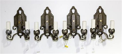 A Set of Four Cast Metal and Tole Two-Light Sconces, Lincoln Height 11 1/2 inches.