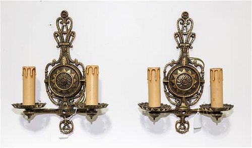 A Pair of Brass Two-Light Sconces Height 13 3/4 inches.