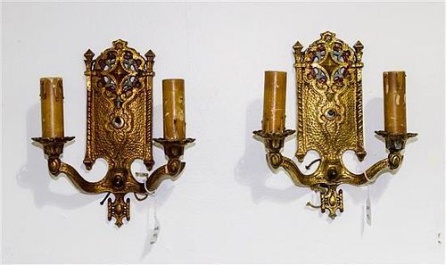 A Pair of Arts & Crafts Brass Two-Light Sconces Height 12 1/4 inches.