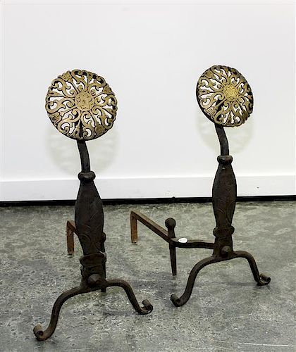A Pair of Arts & Crafts Brass and Iron Andirons