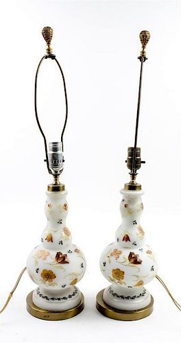A Pair of Painted Glass Lamps Height overall 25 inches.