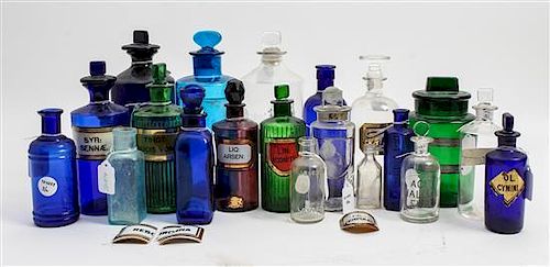 A Collection of Twenty Antique Apothecary Bottles Height of tallest 9 1/2 inches.