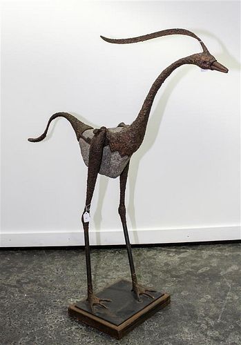 An Iron and Stone Kinetic Sculpture Height overall 47 1/2 inches.