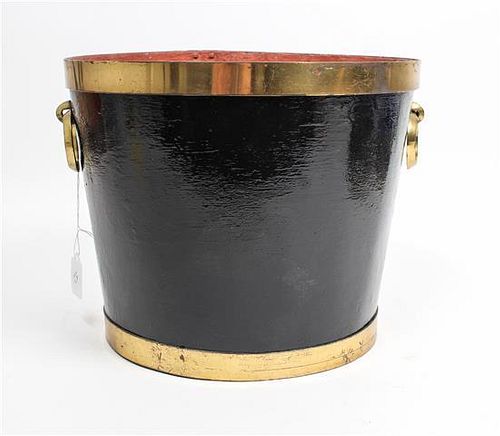 A Black and Gold Metal Ice Bucket Height 10 x diameter 13 inches.
