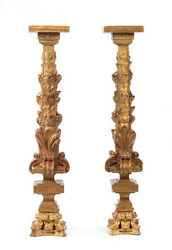 * A Pair of Spanish Baroque Style Giltwood Pedestals