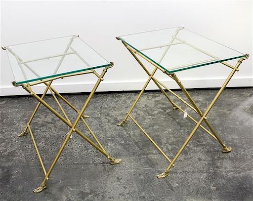 A Pair of Brass Folding Tables Height 28 1/4 x width 27 3/4 x depth 21 1/8 inches.