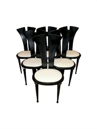 A Set of Six Ebonized Side Chairs Height 38 x width 17 1/2 x depth 15 inches.