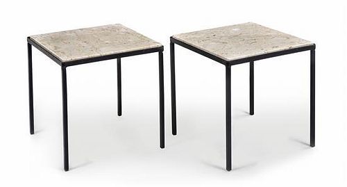 * A Pair of Iron and Marble Low Tables Height 14 1/4 inches.
