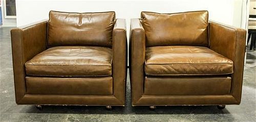 * A Pair of American Leather Club Chairs Height 24 x width 30 1/2 x depth 32 1/4 inches.