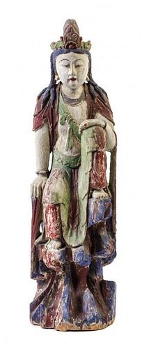 A Polychrome Painted Wood Guanyin Height 24 inches.