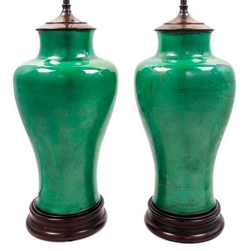 A Pair of Green Glazed Porcelain Vases Height overall 27 inches.