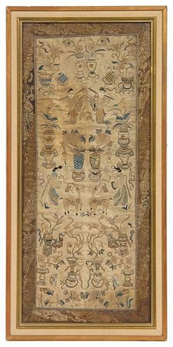 * A Chinese Embroidered Silk Panel 22 1/2 x 11 inches (framed).