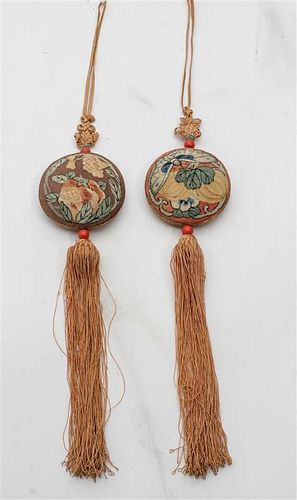 * Two Chinese Printed Silk Scroll Weights Diameter 2 3/4 inches.