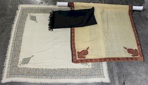 * Two Indian Silk Embroidered Wool Shawls Dimensions of larger approximately 135 x 66 inches.