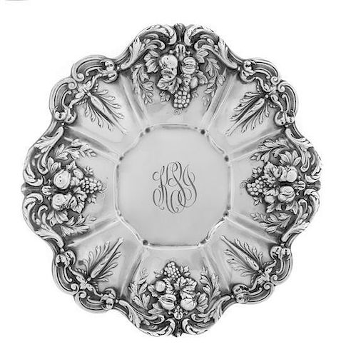 An American Silver Cake Tray, Reed and Barton, Taunton, MA, 1950, Francis I pattern and centered by a script monogram.