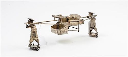 A Chinese Export Silver Cruet Stand, Makers mark two characters 'Shing Wo', in the form of a rickshaw drawn by two Chinoiseri