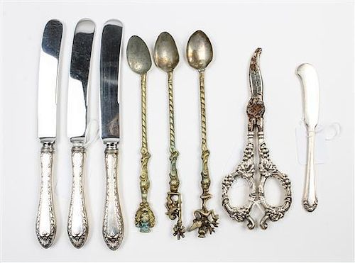 A Set of Twelve American Silver Luncheon Knives, , together with a silver-plate butter spreader, silver handled grape shears