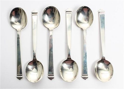 A Set of Six American Silver Soup Spoons, Tiffany & Co., New York NY, Hampton pattern.