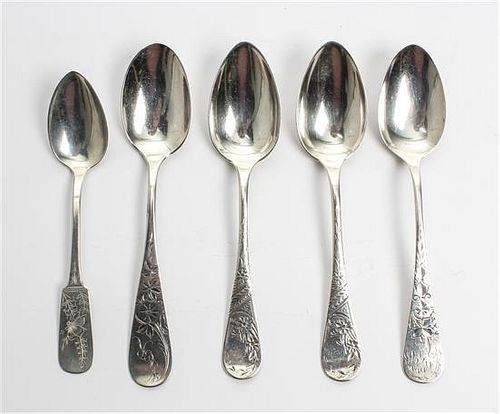 A Collection of American Silver Teaspoons, Various Makers, each decorated with bright cut floral and foliate motif handles.