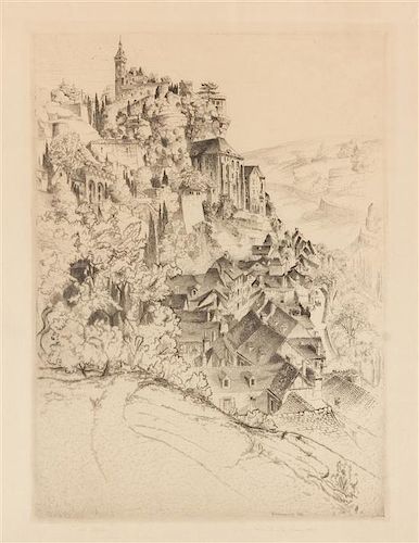 John Taylor Arms, (American, 1887-1953), Towers of San Gimignano, 1932 and Rocamadour, 1927 (a group of two works)
