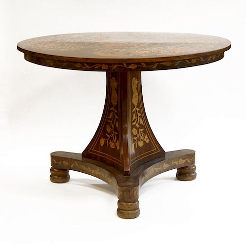 Antique Dutch Baroque Style Mixed Wood Marquetry Center Table on a tripod, footed base, the top, apron and base inlaid with e
