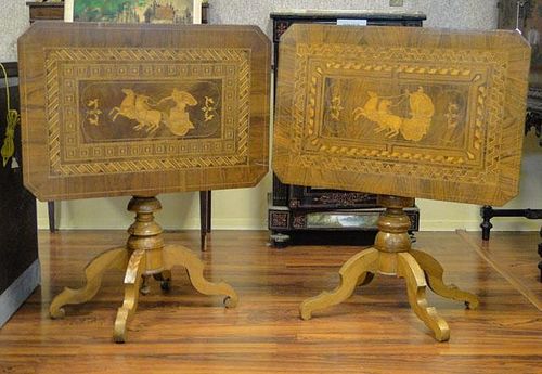 Lot of Two (2) Associated 19th Century Italian Inlaid Walnut Tilt-top Game Tables or Side Tables each with Marquetry Inlay of