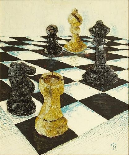 Modern Mixed Media Glass Mosaic and Oil on Panel. "Chess".