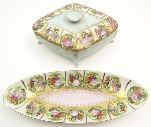Vintage Royal Vienna style Painted and Gilt Porcelain Footed Dresser Box and Oval Dresser Tray.