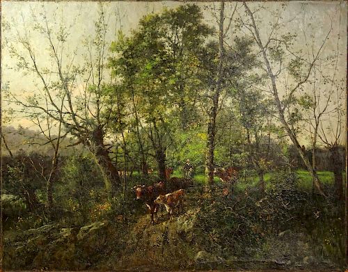 Charles Félix Edouard Deshayes, French (1831-1895) Oil on Canvas "Wooded Landscape With Figures and Cows" Signed Lower Left