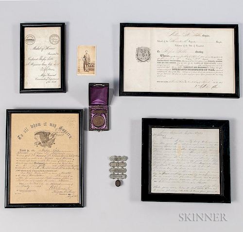 Gillmore Medal, Presentation Document, Ladder Bar Medal, and Ephemera Related to Corporal Rufas Tilbe, 17th Regiment Connecti