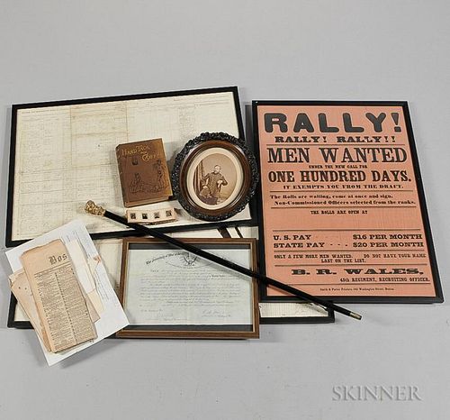 Recruiting Poster, Commission, Cane, and Ephemera Relating to Benjamin Read Wales, 42nd and 45th Massachusetts, and 1st U.S. 