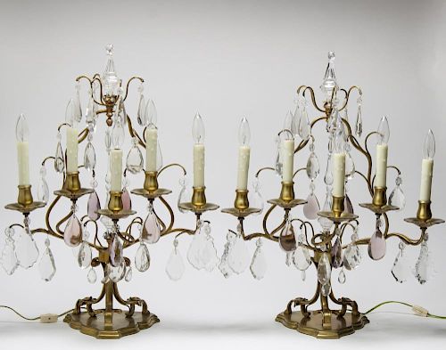 Brass 5-Light Pendant Candelabra Lamps, 2