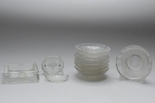 Etched Frosted Crystal & Glass, Group of 10 Pieces