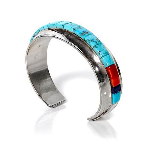 A Navajo Silver, Turquoise, Lapis and Coral Bracelet, Victor Beck (b.1941) Length 5 1/4 x opening 1 1/8 x width 5/8 inches