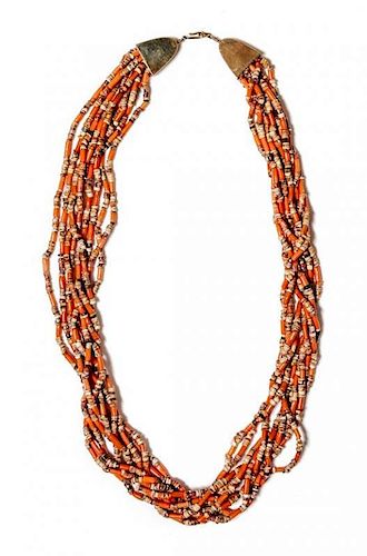 A Navajo 14 Karat Yellow Gold, Coral and Heishi Multi-Strand Necklace, Yazzie Johnson (b. 1946) and Gail Bird (b. 1949). Leng