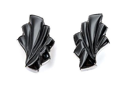 A Pair of Navajo Silver and Onyx Ear Clips, Yazzie Johnson (b. 1946) and Gail Bird (b. 1949). Length 1 1/8 inches