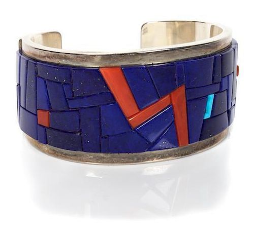 A San Felipe Silver, Lapis, Coral and Turquoise Cuff Bracelet, Richard Chavez (b. 1949) Length 5 1/8 x opening 1 x width 1 1/