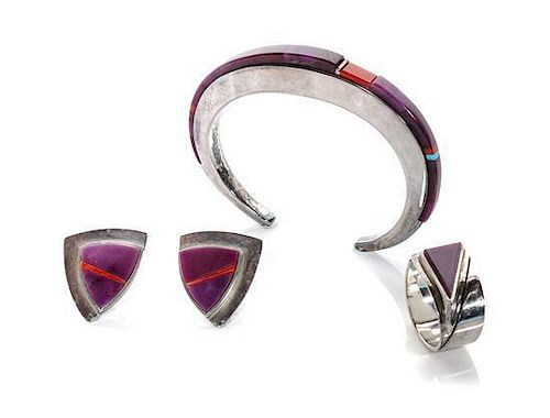 A San Felipe Silver, Sugilite and Coral Three Piece Suite, Richard Chavez (b. 1949) Length of bracelet 5 3/8 x opening 1 x wi