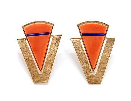 A Pair of Yellow Gold and Coral Ear Clips, Attributed to Richard Chavez (b. 1949) Length 1 1/4 inches