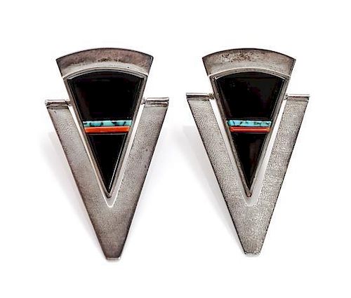 A Pair of San Felipe Silver, Black Onyx, Coral and Turquoise Ear Clips, Attributed to Richard Chavez (b. 1949) Length 1 3/4 i