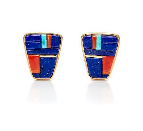 A Pair of Hopi 14 Karat Yellow Gold, Lapis Lazuli, Coral and Turquoise Ear Clips, Charles Loloma (1921-1991) 3/4 x 1/2 inches