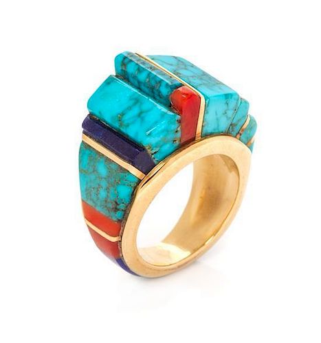 A Hopi 14 Karat Yellow Gold and Multi-Gem Inlaid Ring, Charles Loloma (1921-1991)