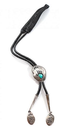 A Hopi Shadow Box Silver and Turquoise Bolo, Victor Coochwytewa (1922-2011) Height 2 5/8 inches.